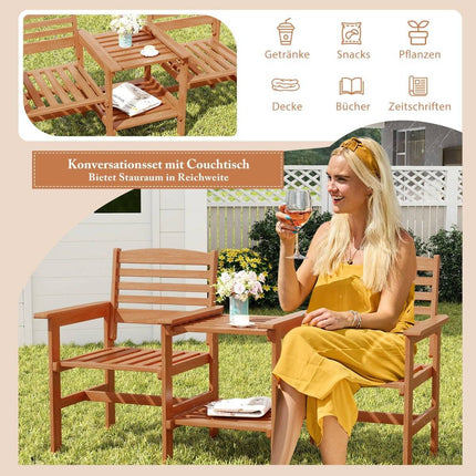 Wooden seating set with coffee table and umbrella hole. Weatherproof garden furniture set for the terrace