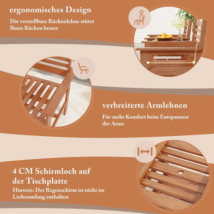 Wooden seating set with coffee table and umbrella hole. Weatherproof garden furniture set for the terrace