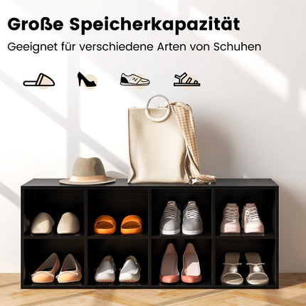 Wooden shoe bench with seat and 8 open compartments, 230 kg load capacity, shoe cabinet, black