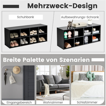 Wooden shoe bench with seat and 8 open compartments, 230 kg load capacity, shoe cabinet, black