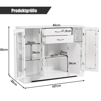 Wooden storage cabinet with tempered glass doors and drawers White