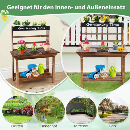 Wooden table with solid fir wood frame & 4 flower pots & removable fir wood sink