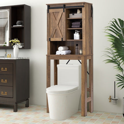 Wooden toilet cabinet with sliding door and 4-way adjustable shelves, brown