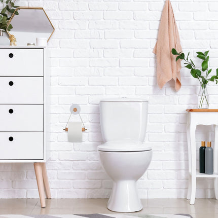 Wooden toilet roll holder with strap