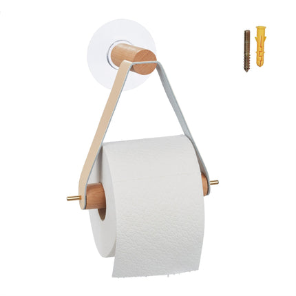 Wooden toilet roll holder with strap
