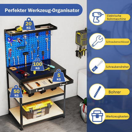 Workbench 81 x 41 cm 225 kg load capacity work table with perforated wall &amp; Drawers &amp; shelves blue