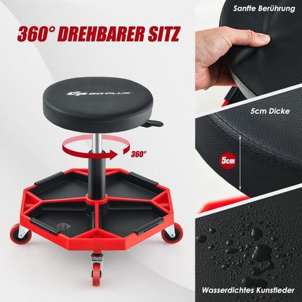 Workshop rolling seat with shelf & 4 universal wheels, 150 kg load capacity, height adjustable red + black