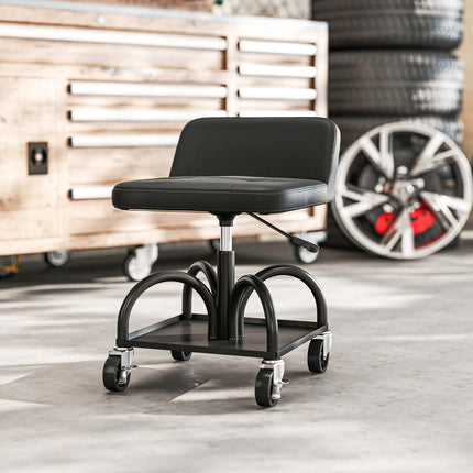 Workshop stool with castors, storage area, 58.5 cm high, rolling stool, load capacity up to 135 kg, black