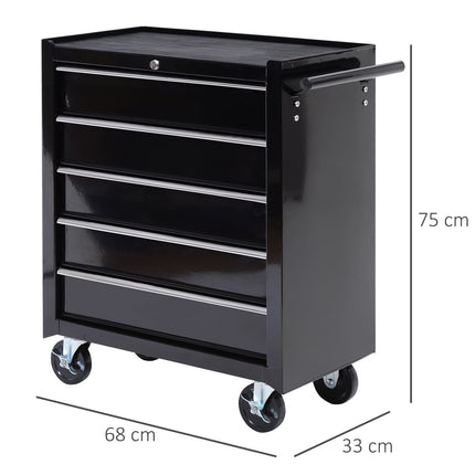 Lockable black tool trolley with 5 drawers & handle