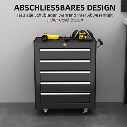 Lockable black tool trolley with 5 drawers & handle