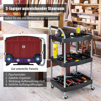 Workshop trolley trolley with 3 levels tool trolley with separate compartments 59 x 45 x 107 cm black