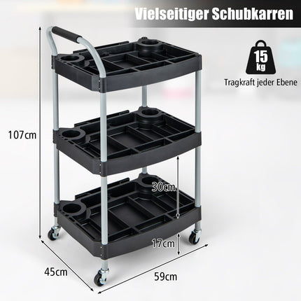 Workshop trolley trolley with 3 levels tool trolley with separate compartments 59 x 45 x 107 cm black