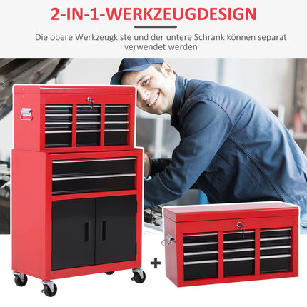 Lockable metal tool trolley with 6 drawers and cabinet