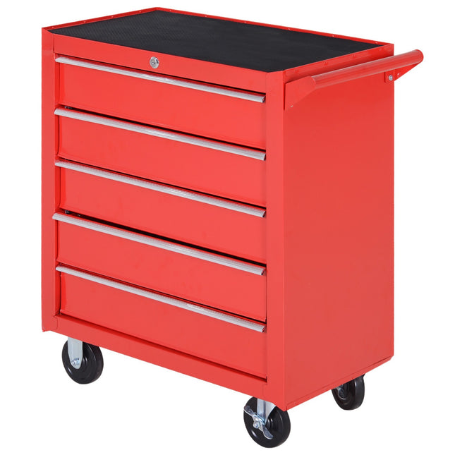 Workshop trolley with wheels, 5 drawers, Lockable, Red Steel