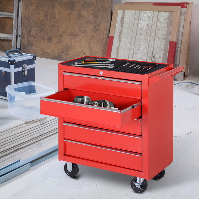 Workshop trolley with wheels, 5 drawers, Lockable, Red Steel