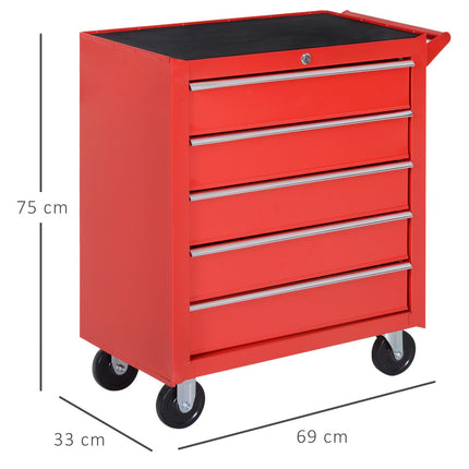 Workshop trolley with wheels, 5 drawers, Lockable, Red Steel