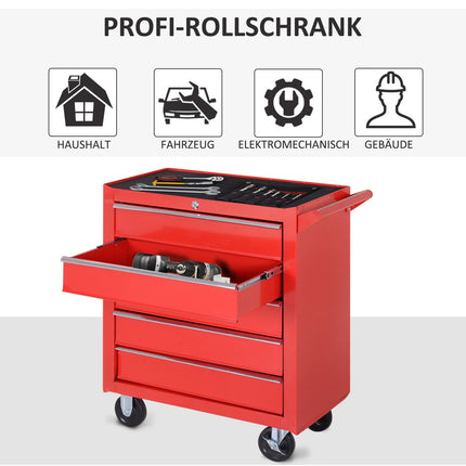 Workshop trolley with wheels, 5 drawers, Lockable, Red Steel