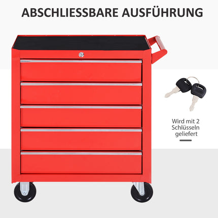 Workshop trolley with wheels, 5 drawers, Lockable, Red Steel