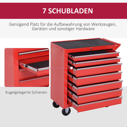 Workshop tool trolley with wheels, 7 lockable drawers
