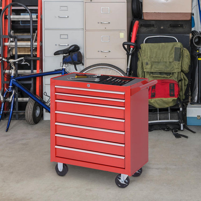 Workshop tool trolley with wheels, 7 lockable drawers