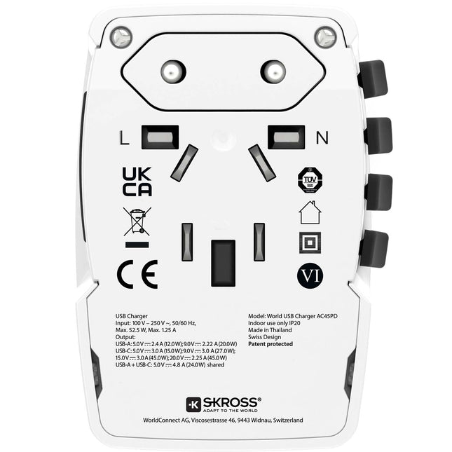 World travel charger AC45PD USB-A+USB-C PD 45W Ungrounded