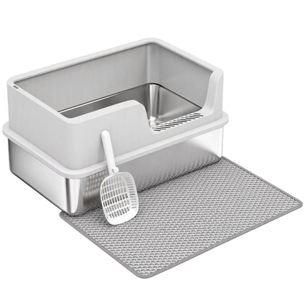 XL Stainless Steel Cat Litter Box with Lid, High Sides, Grey