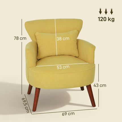 Yellow Armchair with Cushion, Rubberwood Legs, Upholstered