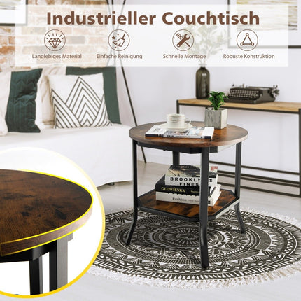 industrial round 2 tier side table with open shelf and steel legs 50 x 50 x 49.5 cm brown