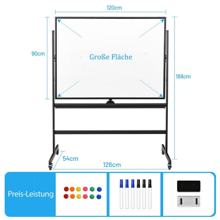 mobile magnetic large reversible whiteboard 360° rotatable 90 x 120 cm black + white