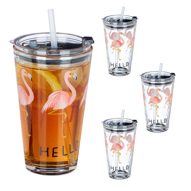 zestaw 4 szklanych butelek Flamingo