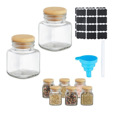 set of 8 spice jars with bamboo lids
