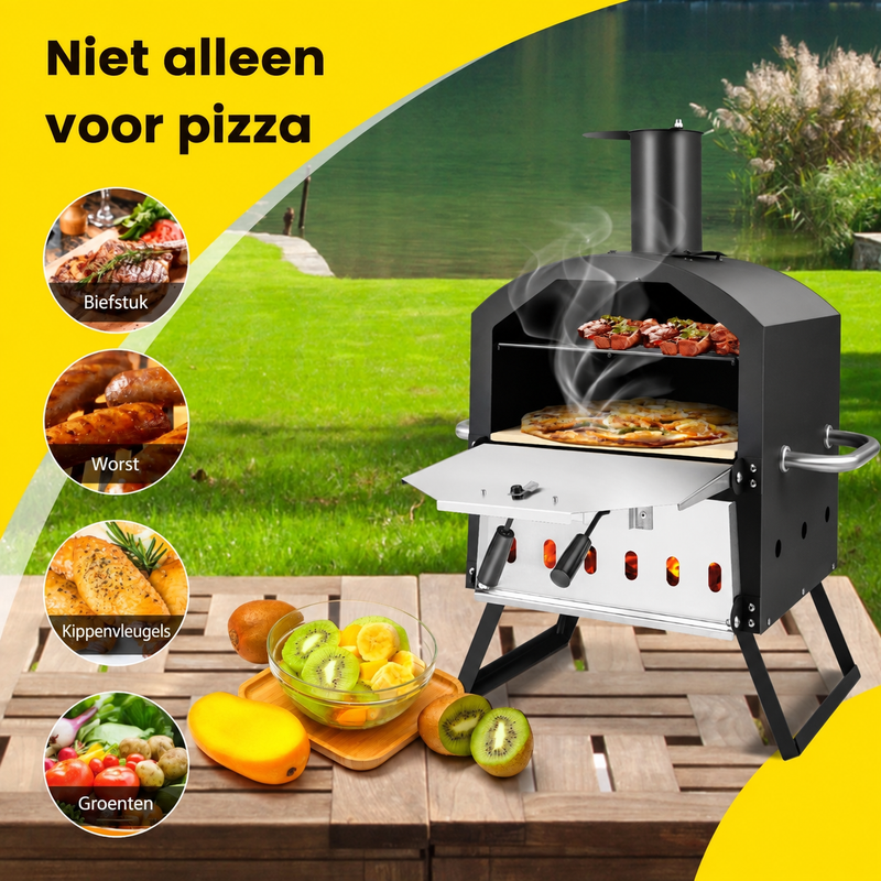 Niet alleen voor pizza: biefstuk, worst, kippenvleugels en groenten bereiden in de pizzaoven.